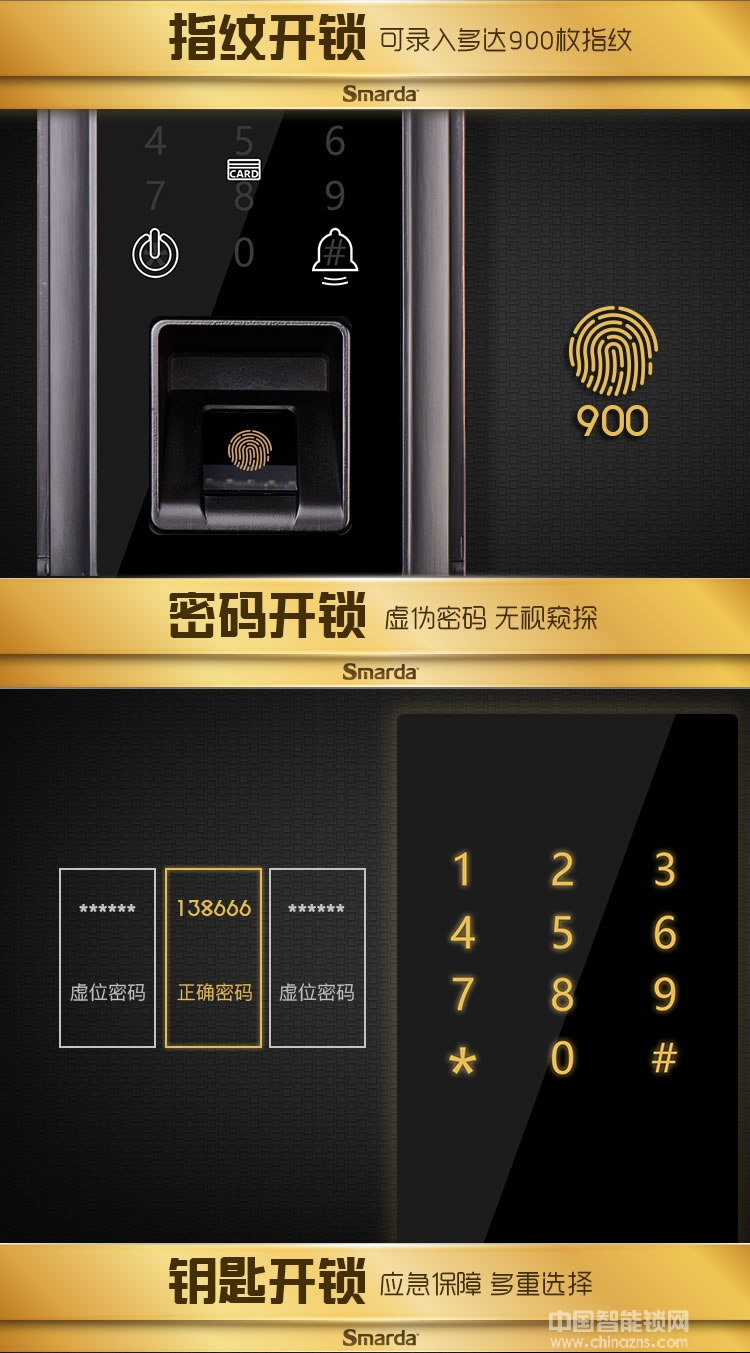 smarda指纹锁 超C级叶片锁芯指纹锁 防盗门指纹密码锁