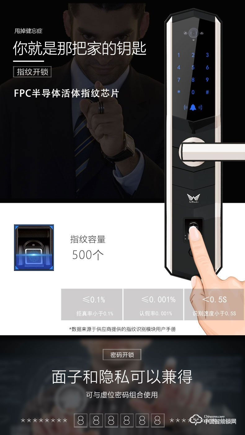 九万里智能锁W100S 指纹锁家用防盗门远程遥控密码锁