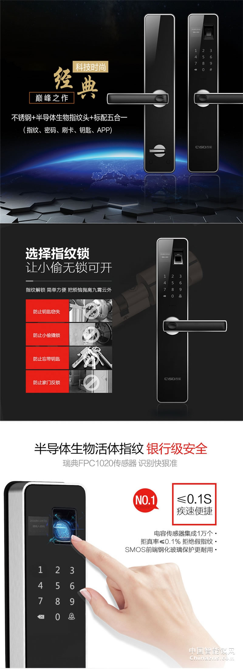 西巢不锈钢指纹锁 RSDXC-QS636 刷卡磁卡感应
