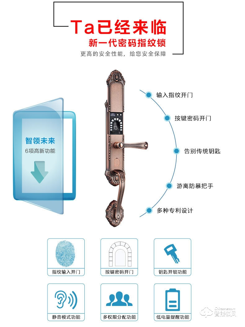 中霸智能锁 B57指纹密码锁 别墅门防盗智能锁