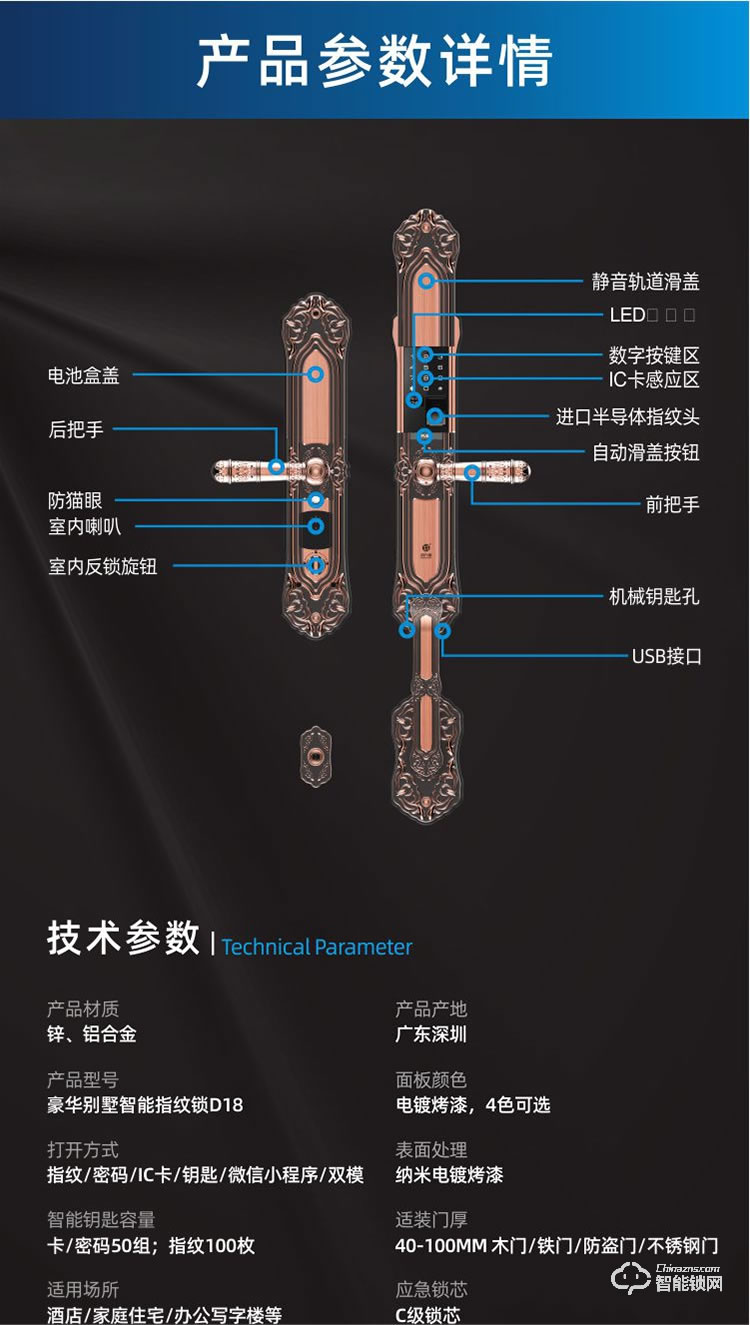 鸿兴福智能锁 D18豪华别墅智能指纹锁