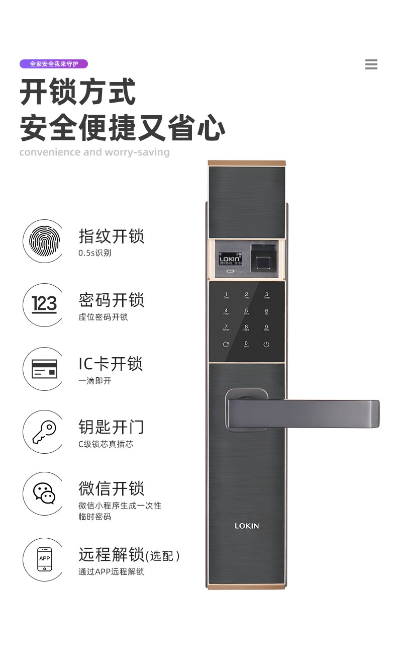 乐肯智能锁 6602防盗门家用APP微信大门刷卡锁