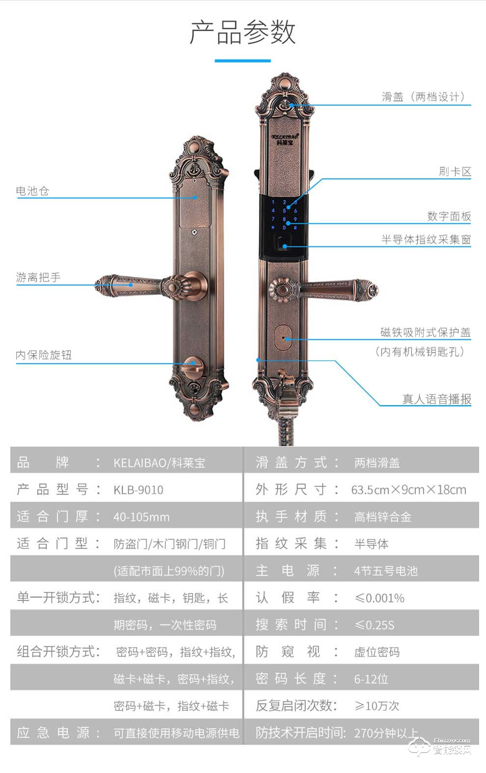科莱宝智能锁 KLB-9010欧式别墅双开门对开门指纹锁
