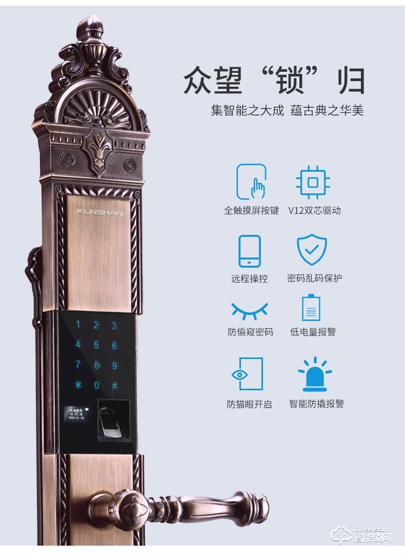 琨山通用智能锁 D203防盗门锁别墅大门智能锁