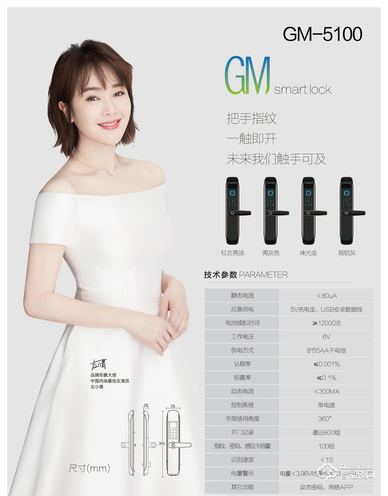 亚蒂仕智能锁 GM5100家用直板指纹智能锁