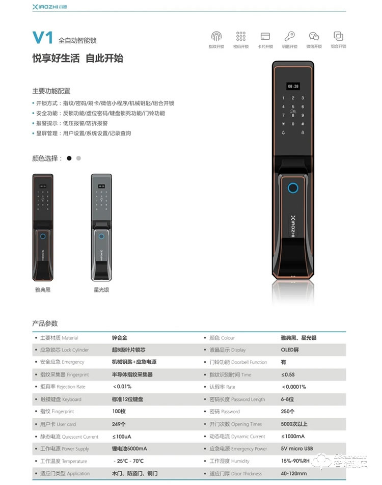 小智智能锁 V1防盗门电子门锁推拉式锁